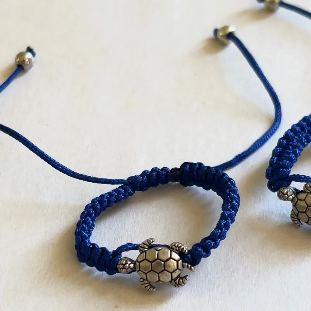 Turtle Blue Adjustable Bracelet Silver Tone Charm Children's Size Handmade